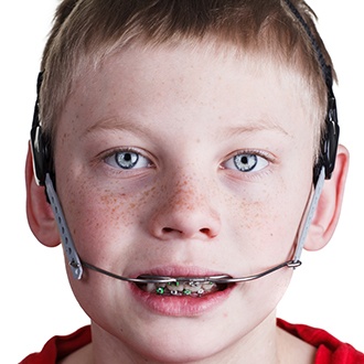 Child with dentofacial orthopedics device in place