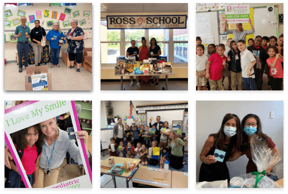 Collage of photos of orthodontic team members volunteering at schools